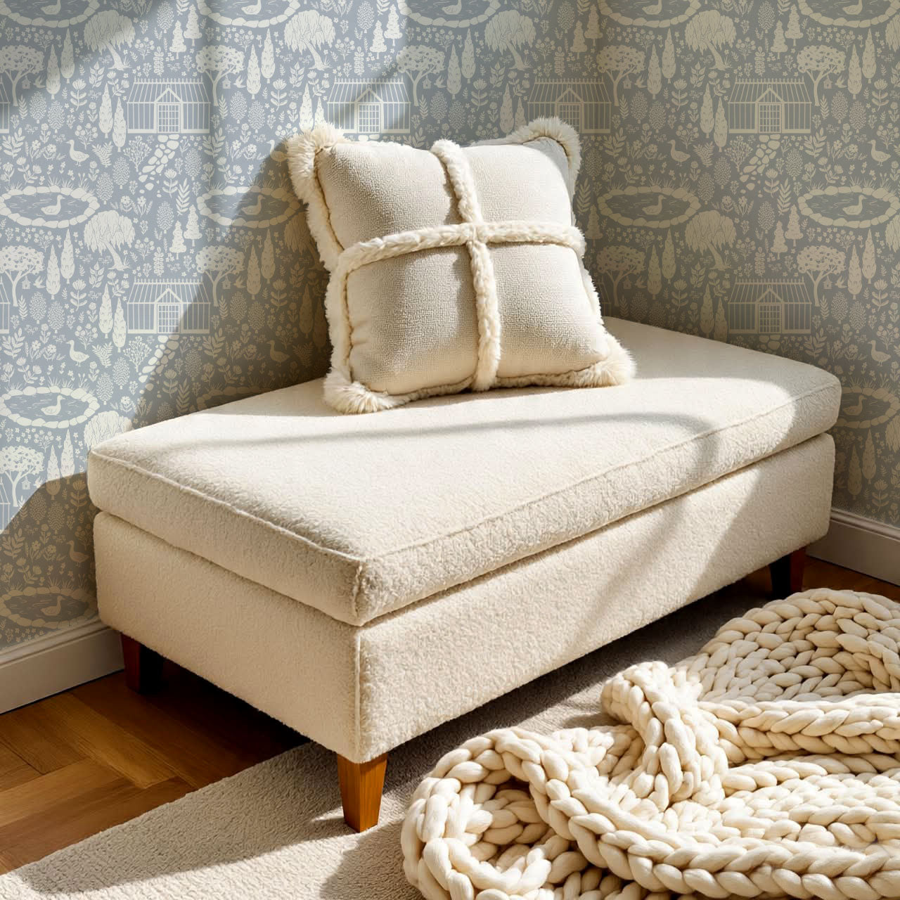 McKenna Garden & Geese Toile Blue Wallpaper