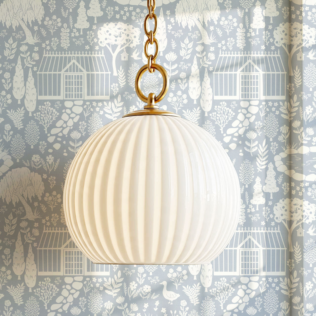 McKenna Garden & Geese Toile Blue Wallpaper