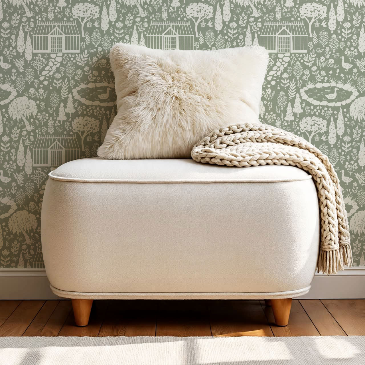 McKenna Garden & Geese Toile Sage Wallpaper