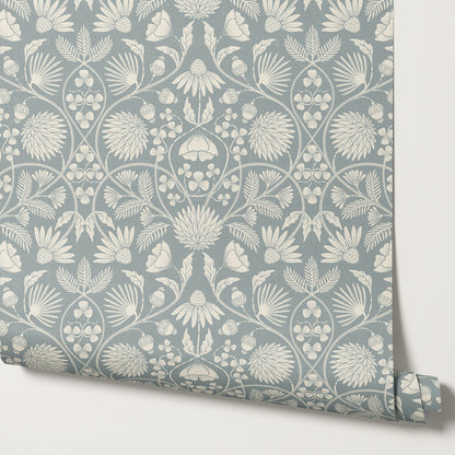 Melody Block Print French Blue Flowers Wallpaper