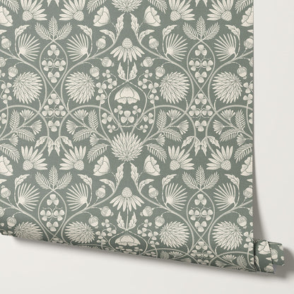 Melody Block Print Sage Flowers Wallpaper
