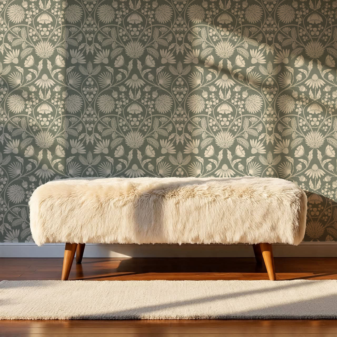 Melody Block Print Sage Flowers Wallpaper