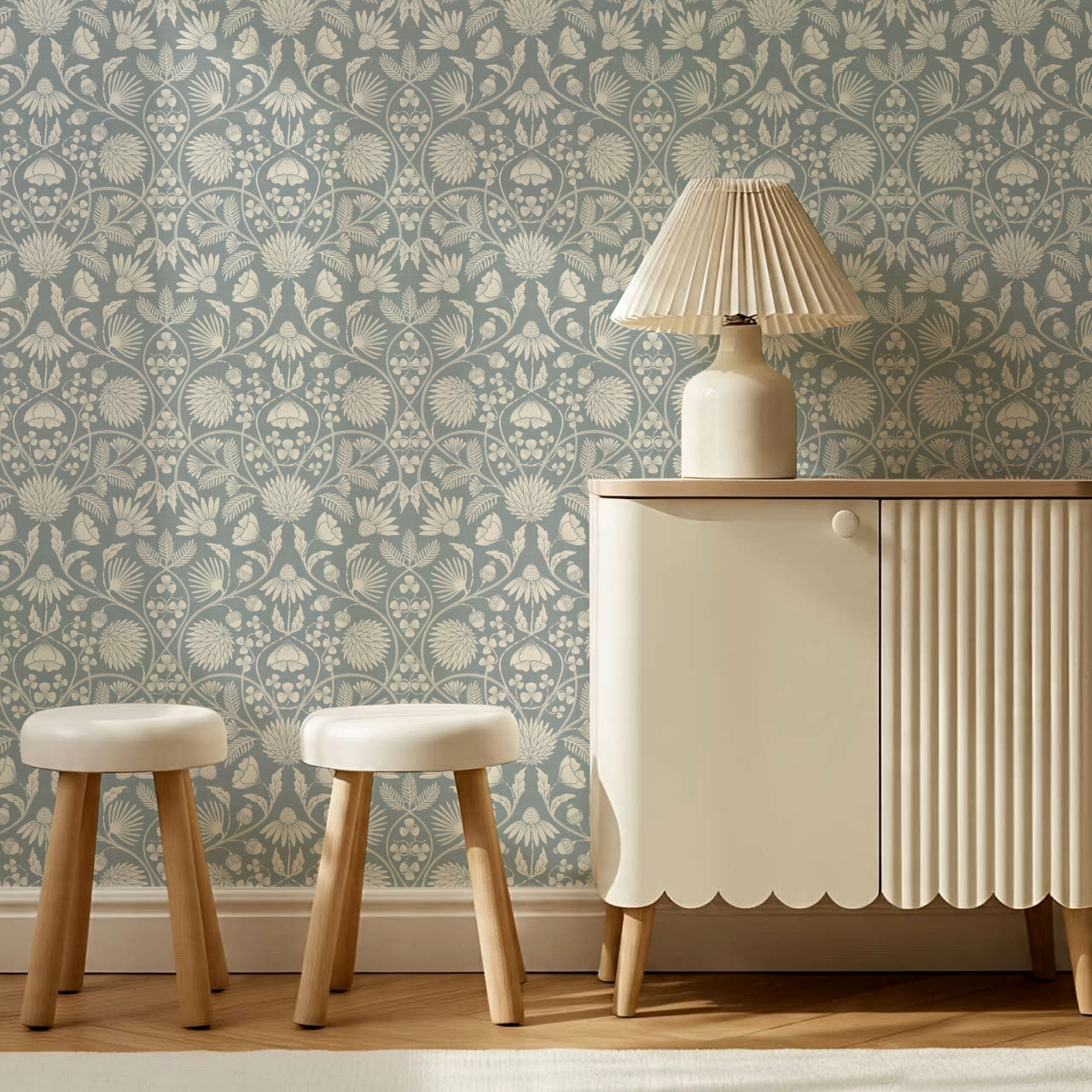 Melody Block Print French Blue Flowers Wallpaper