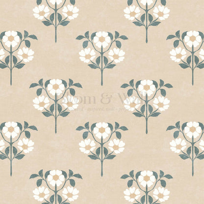 Merike Wild Rose Block Print Tan Sage Wallpaper