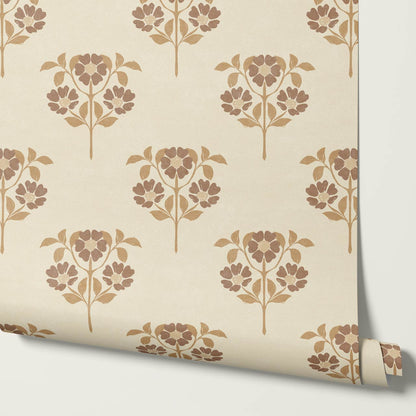 Merike Wild Rose Block Print Beige Brown Wallpaper