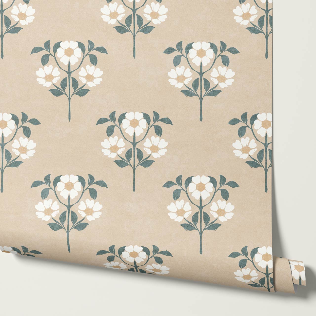 Merike Wild Rose Block Print Tan Sage Wallpaper