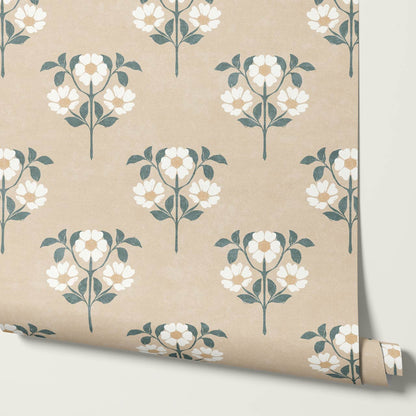 Merike Wild Rose Block Print Tan Sage Wallpaper