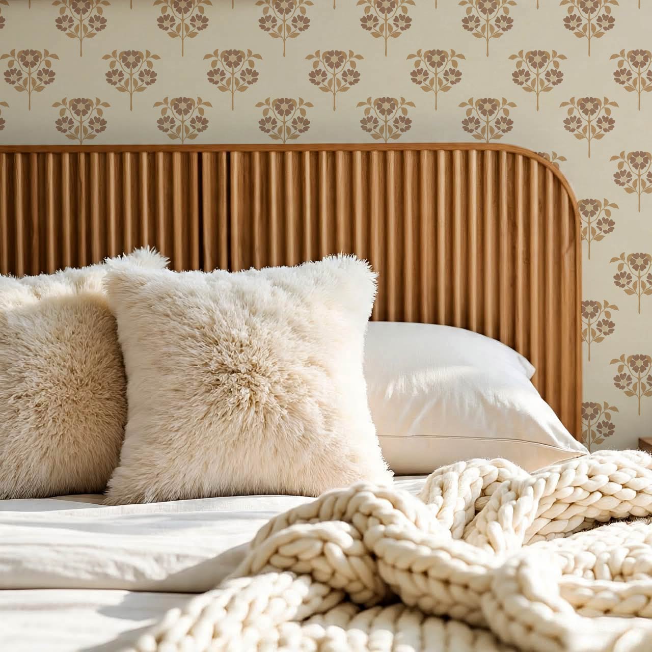 Merike Wild Rose Block Print Beige Brown Wallpaper