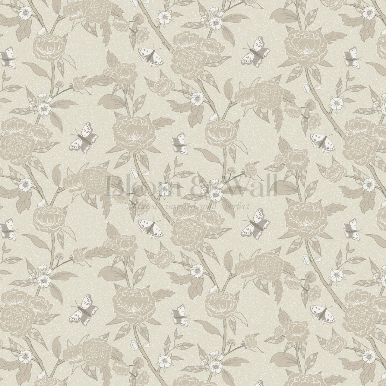 Millie Trailing Floral & Butterflies Stone Wallpaper