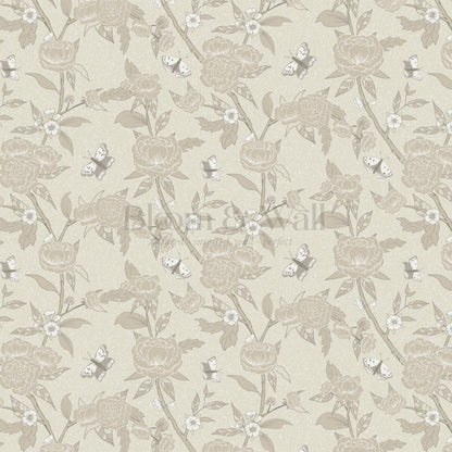 Millie Trailing Floral & Butterflies Stone Wallpaper