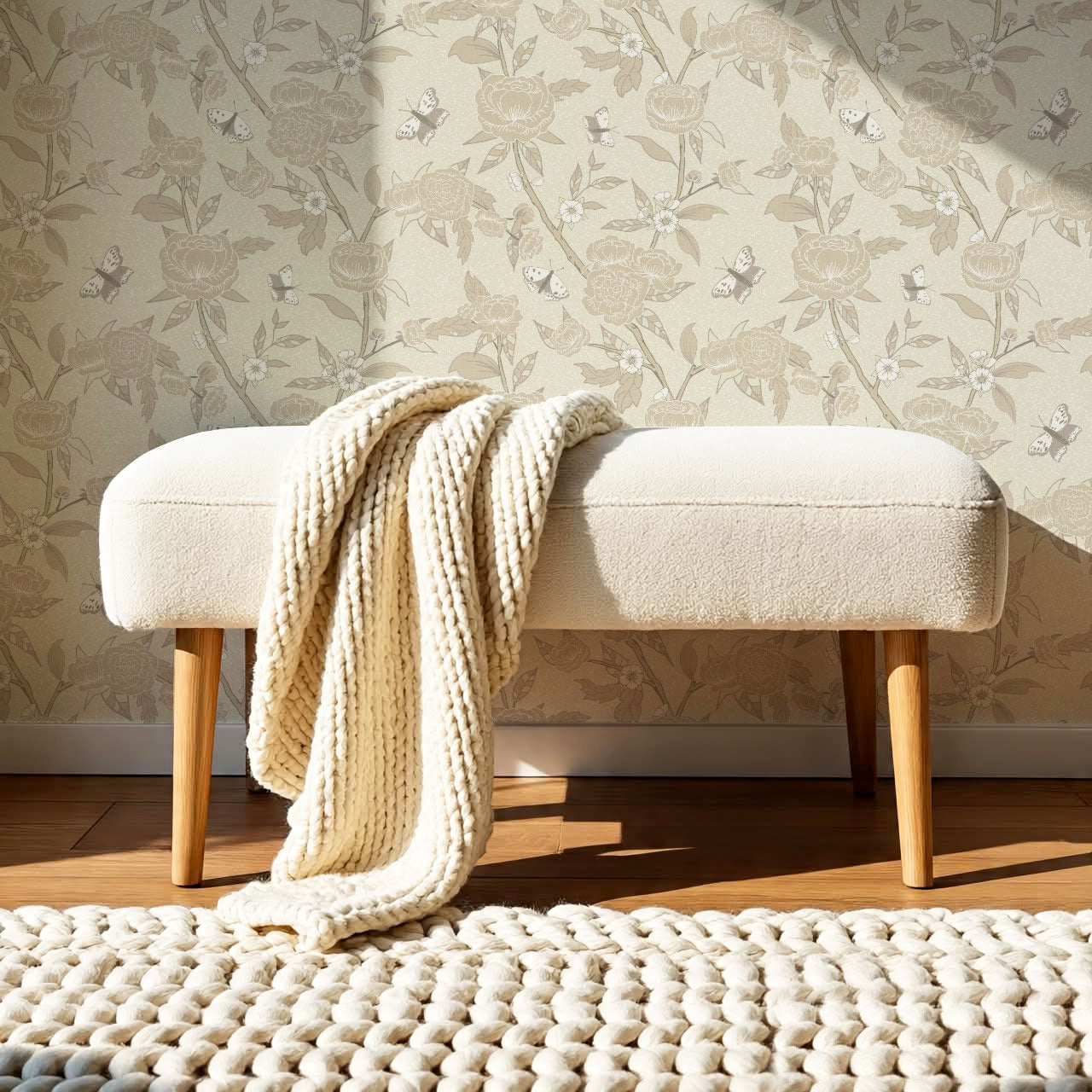 Millie Trailing Floral & Butterflies Stone Wallpaper