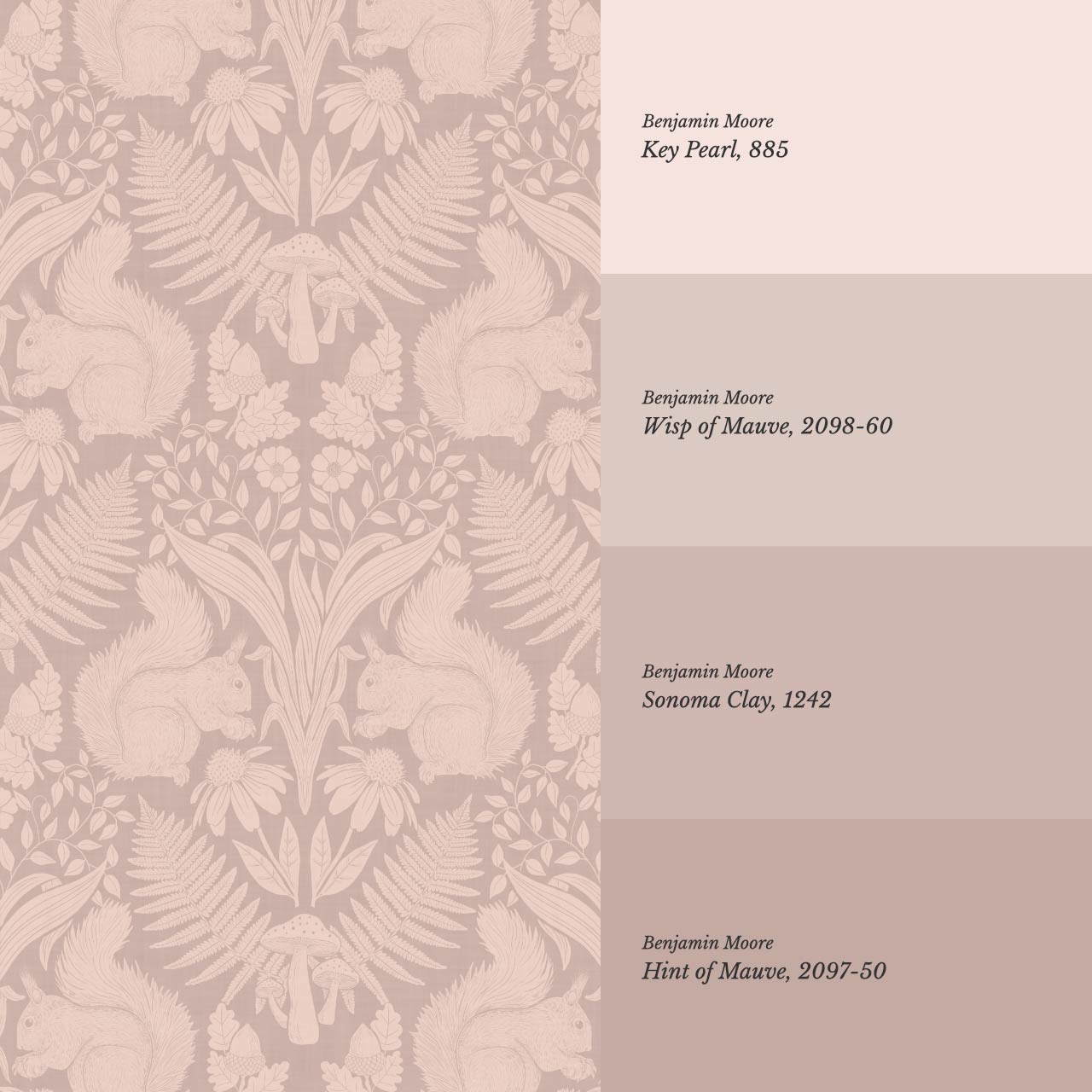 Milvi Large Squirrels Damask Mauve Coral Wallpaper