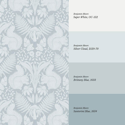 Milvi Large Squirrels Damask French Blue Wallpaper