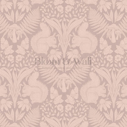 Milvi Large Squirrels Damask Mauve Coral Wallpaper