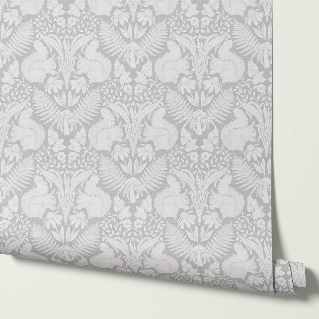 Milvi Large Squirrels Damask Pale Gray Wallpaper