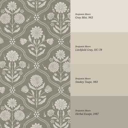 Mimi Heritage Floral Trellis Stone Olive Wallpaper