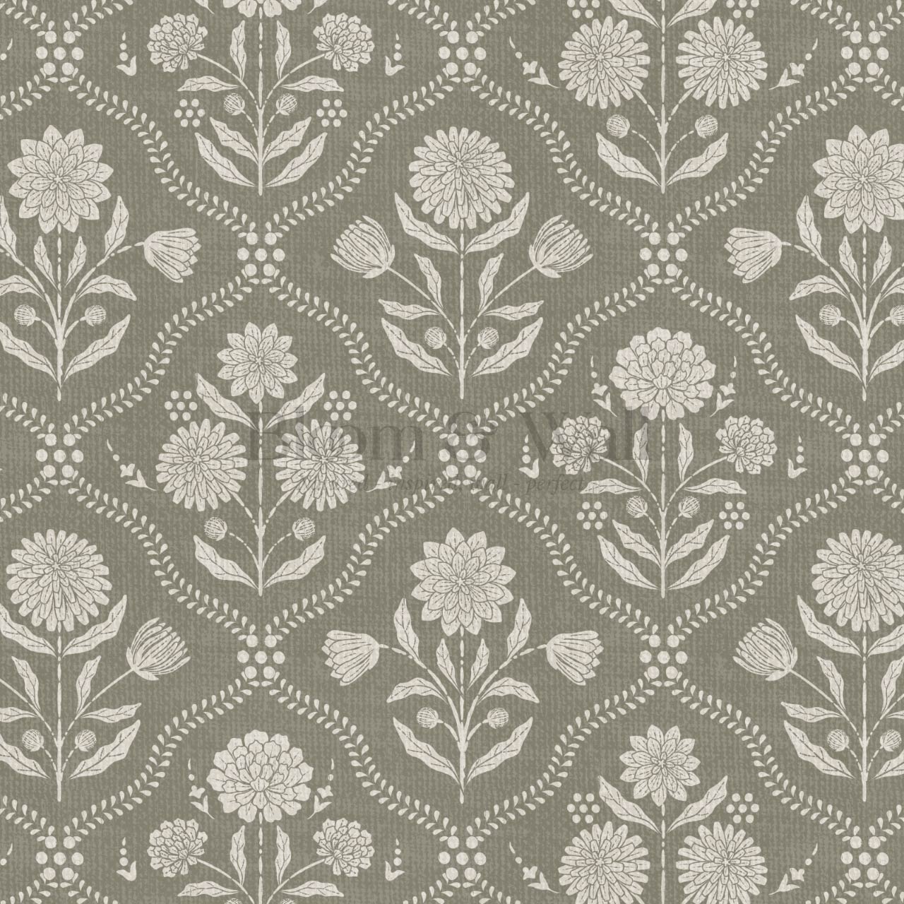 Mimi Heritage Floral Trellis Stone Olive Wallpaper