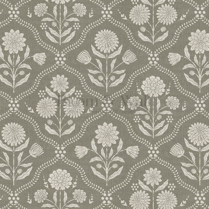 Mimi Heritage Floral Trellis Stone Olive Wallpaper