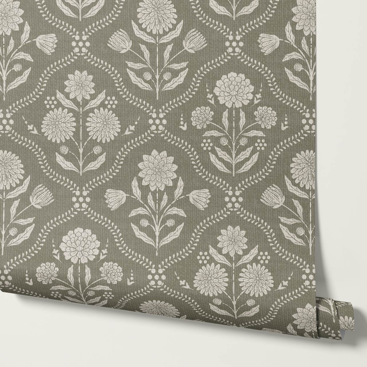 Mimi Heritage Floral Trellis Stone Olive Wallpaper