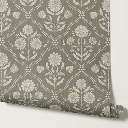 Mimi Heritage Floral Trellis Stone Olive Wallpaper