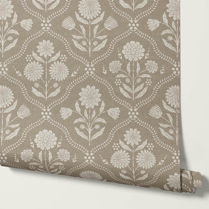 Mimi Heritage Floral Trellis Warm Sand Taupe Wallpaper