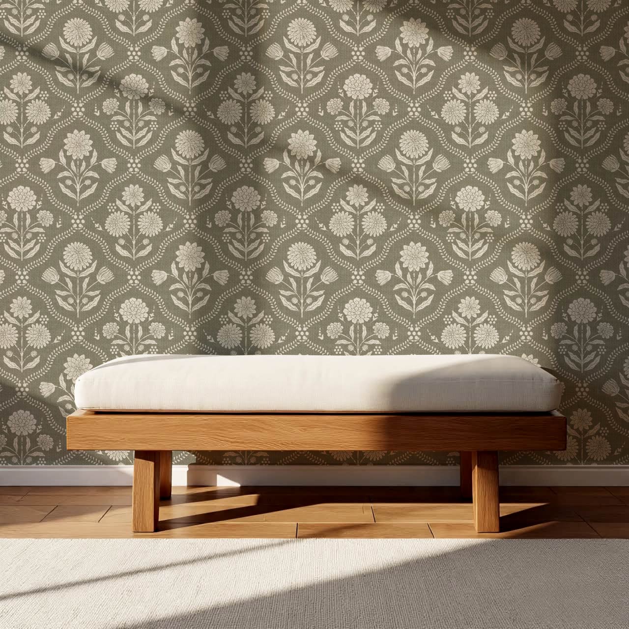 Mimi Heritage Floral Trellis Stone Olive Wallpaper