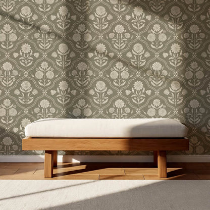 Mimi Heritage Floral Trellis Stone Olive Wallpaper