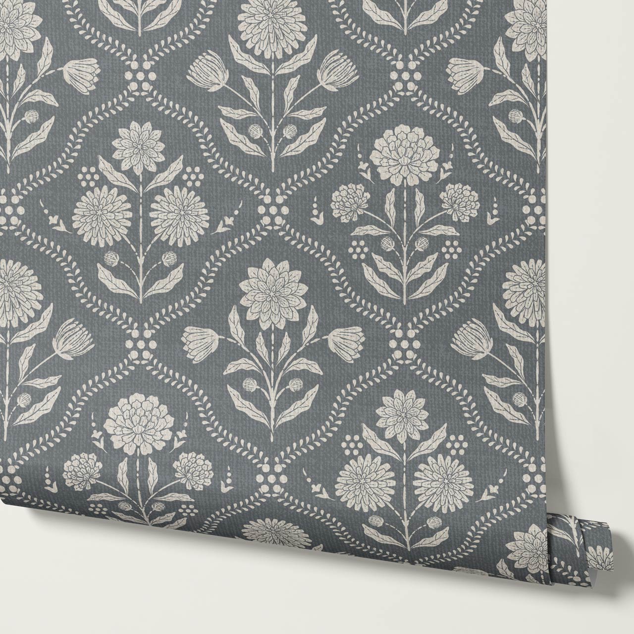 Mimi Heritage Floral Trellis Slate Ivory Wallpaper