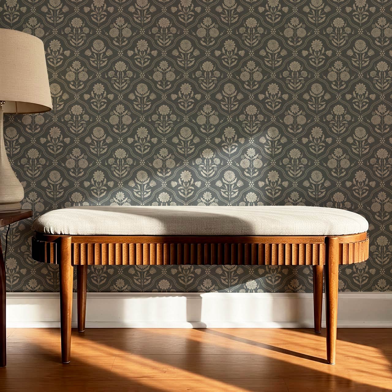 Mimi Heritage Floral Trellis Slate Ivory Wallpaper