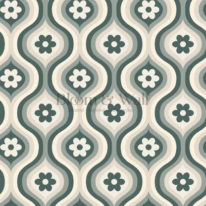 Monica Groovy Daisy Ogee Deep Sea Glass Ivory Wallpaper