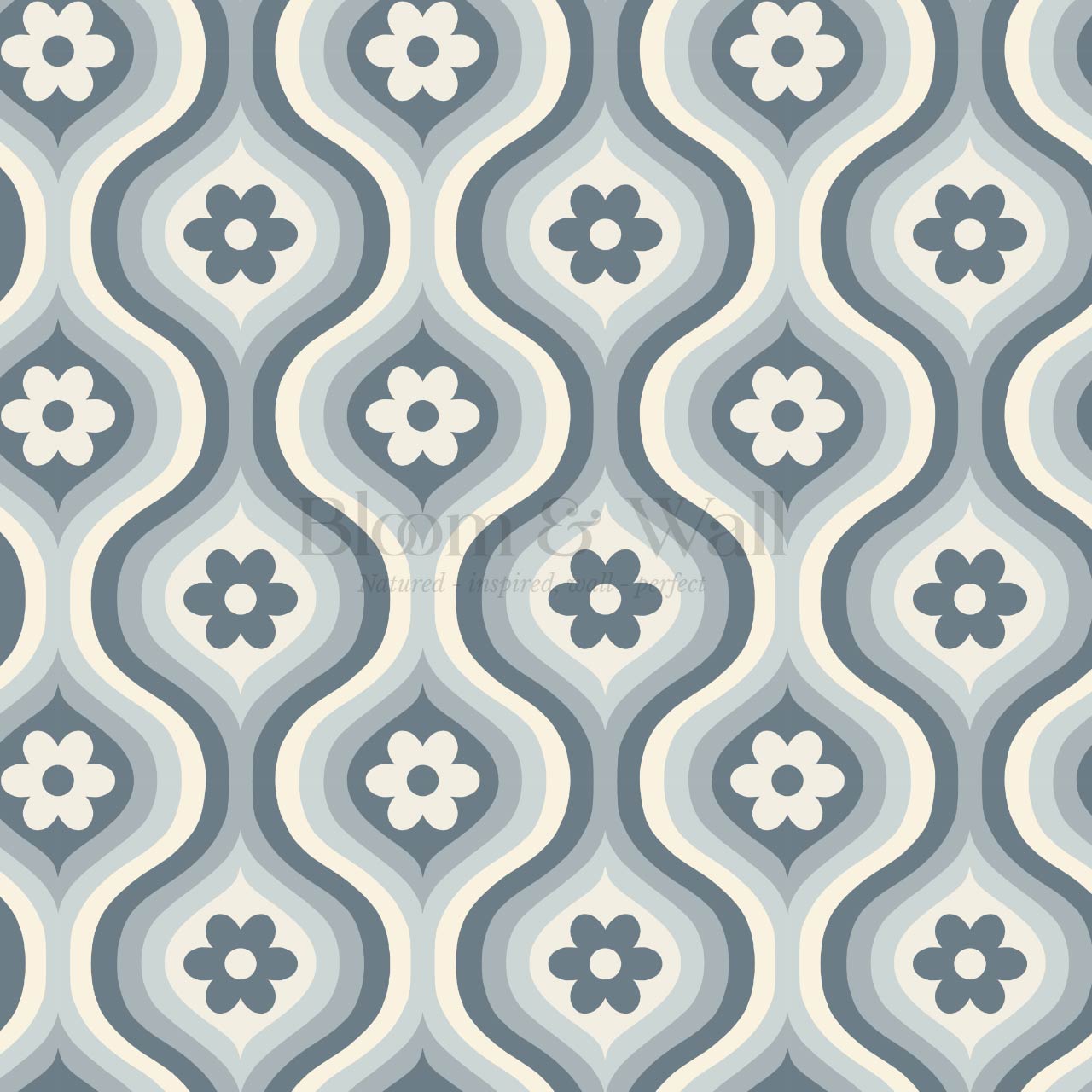 Monica Groovy Daisy Ogee Slate Ivory Wallpaper