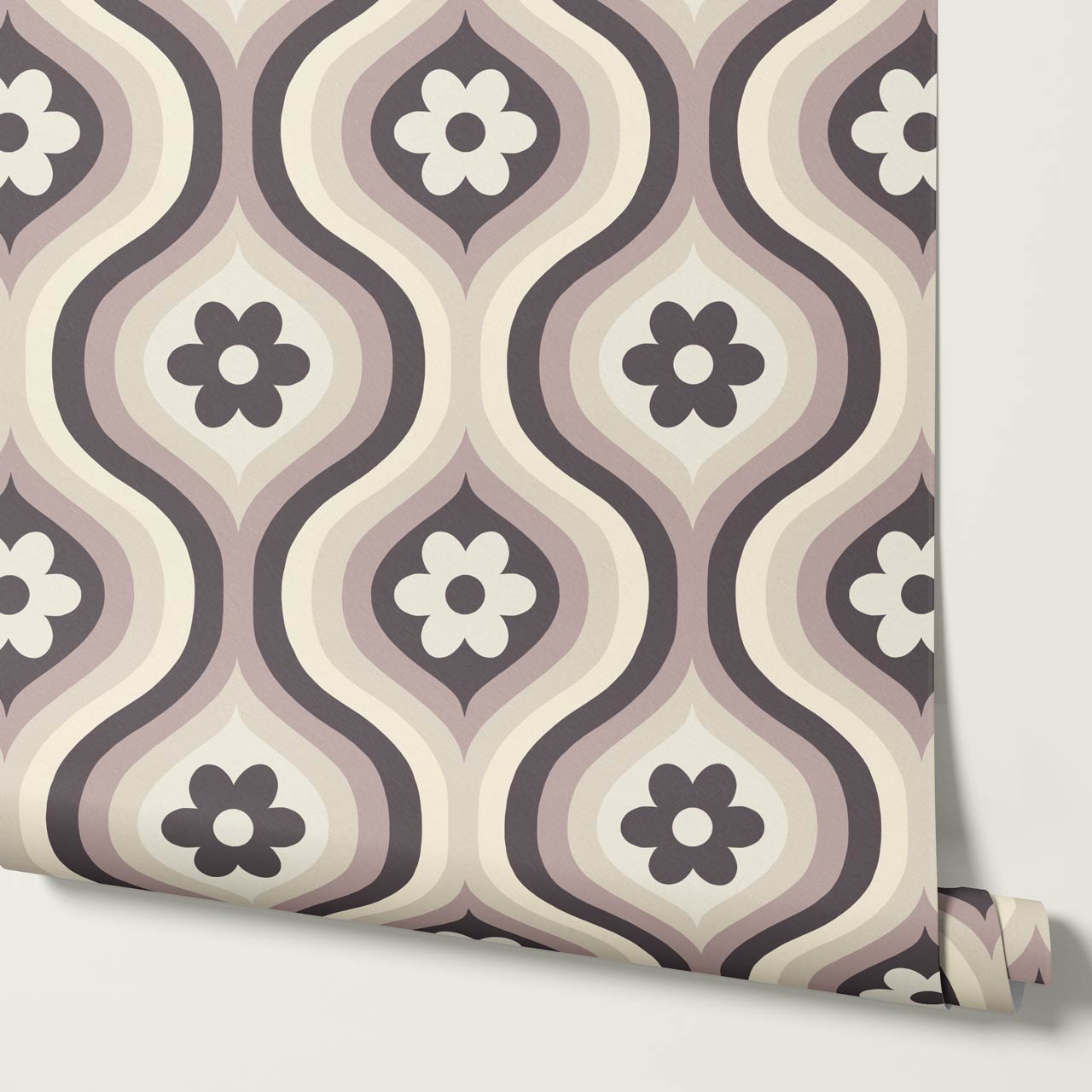 Monica Groovy Daisy Ogee Deep Plum Ivory Wallpaper