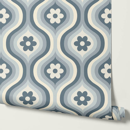 Monica Groovy Daisy Ogee Slate Ivory Wallpaper