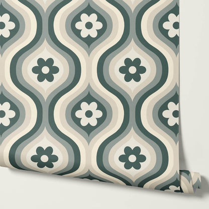 Monica Groovy Daisy Ogee Deep Sea Glass Ivory Wallpaper