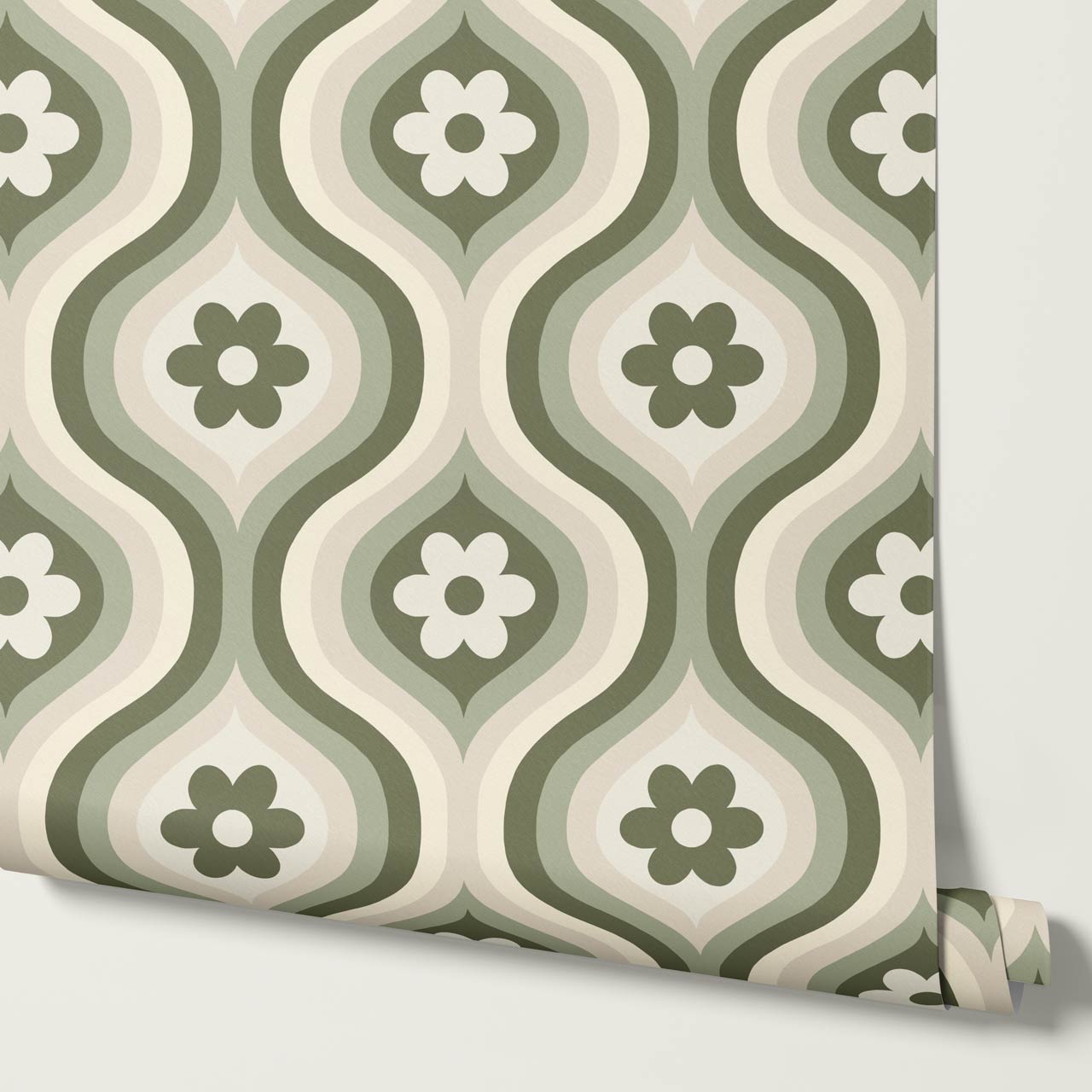Monica Groovy Daisy Ogee Sage Ivory Wallpaper