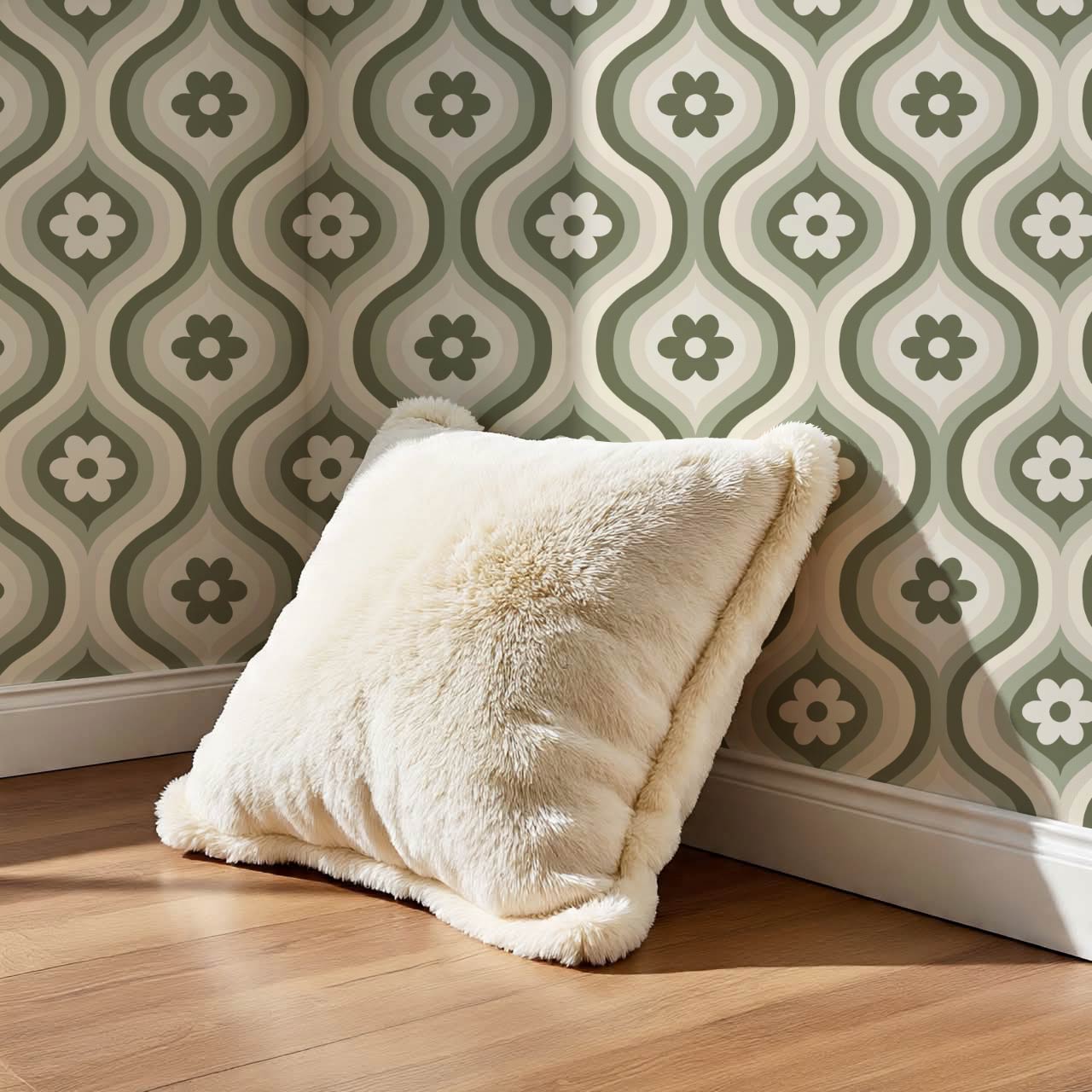 Monica Groovy Daisy Ogee Sage Ivory Wallpaper