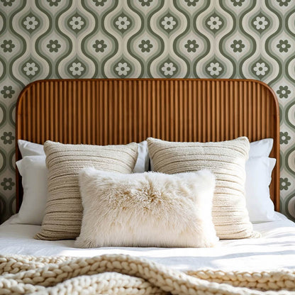 Monica Groovy Daisy Ogee Sage Ivory Wallpaper