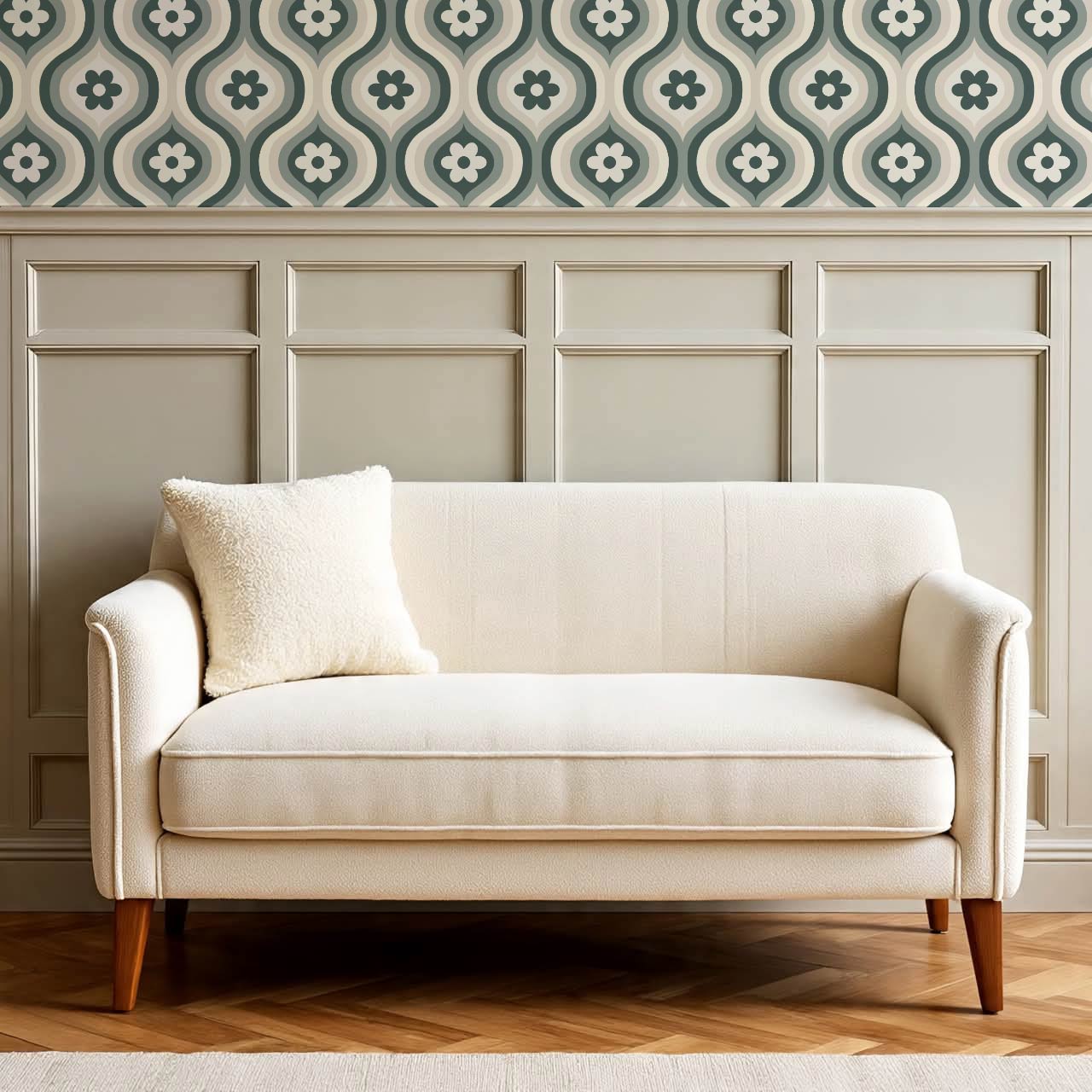 Monica Groovy Daisy Ogee Deep Sea Glass Ivory Wallpaper
