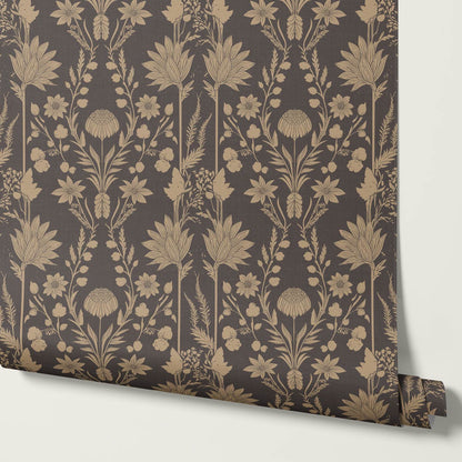 Moretta Wild Garden Charcoal Tan Wallpaper