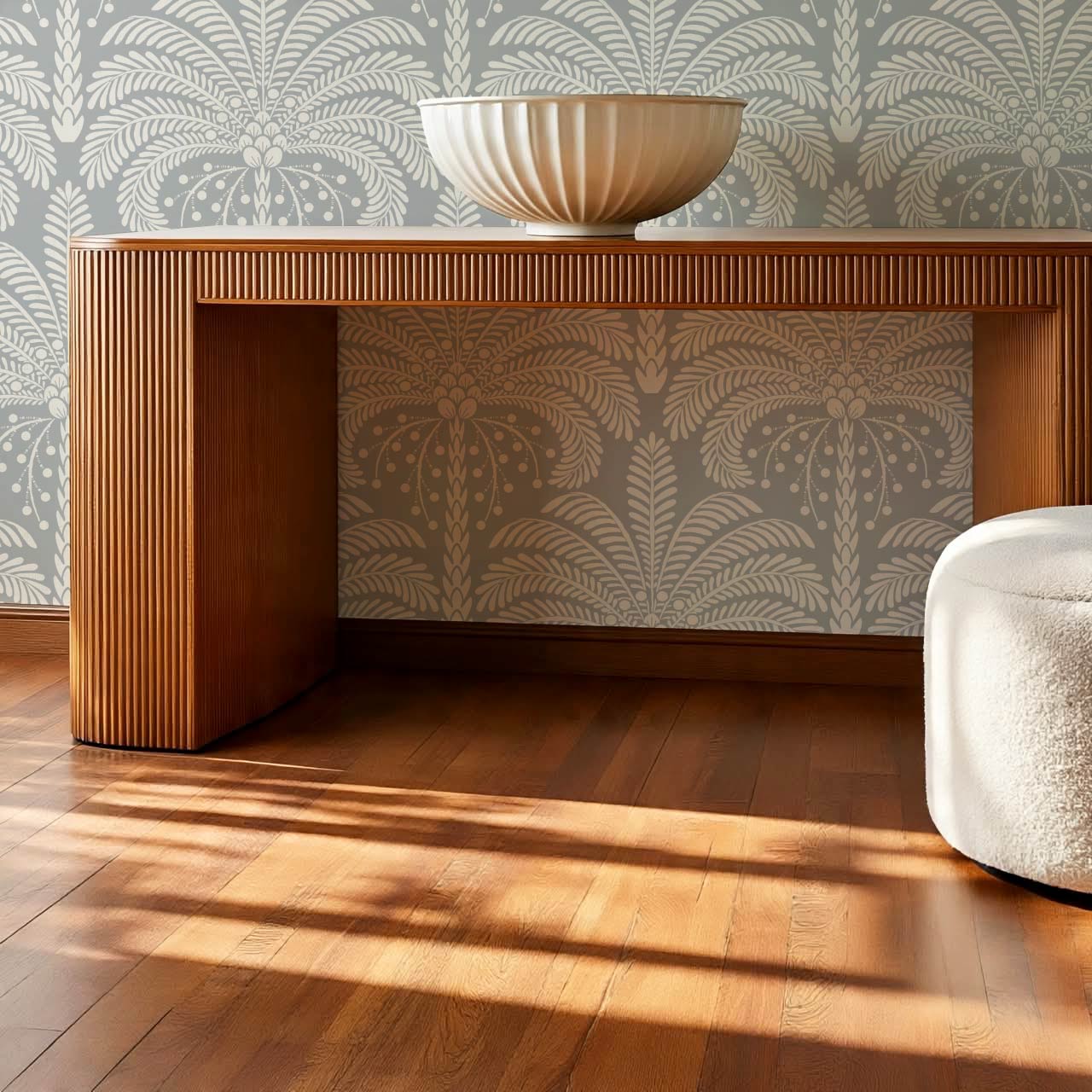 Nadia Large Retro Palms Pale Blue Wallpaper