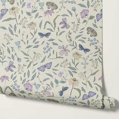Nahia Butterfly Garden Ivory Plum Wallpaper