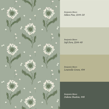 Nicolasa Dandelions Green Cream Wallpaper