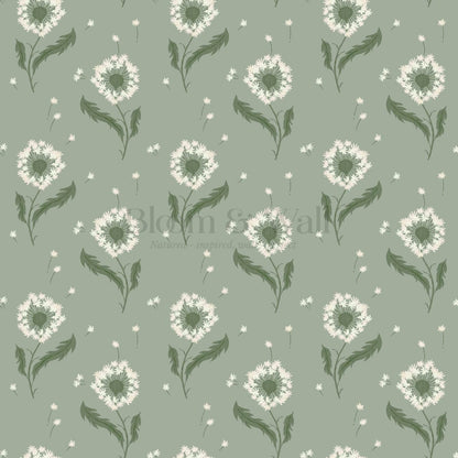 Nicolasa Dandelions Green Cream Wallpaper