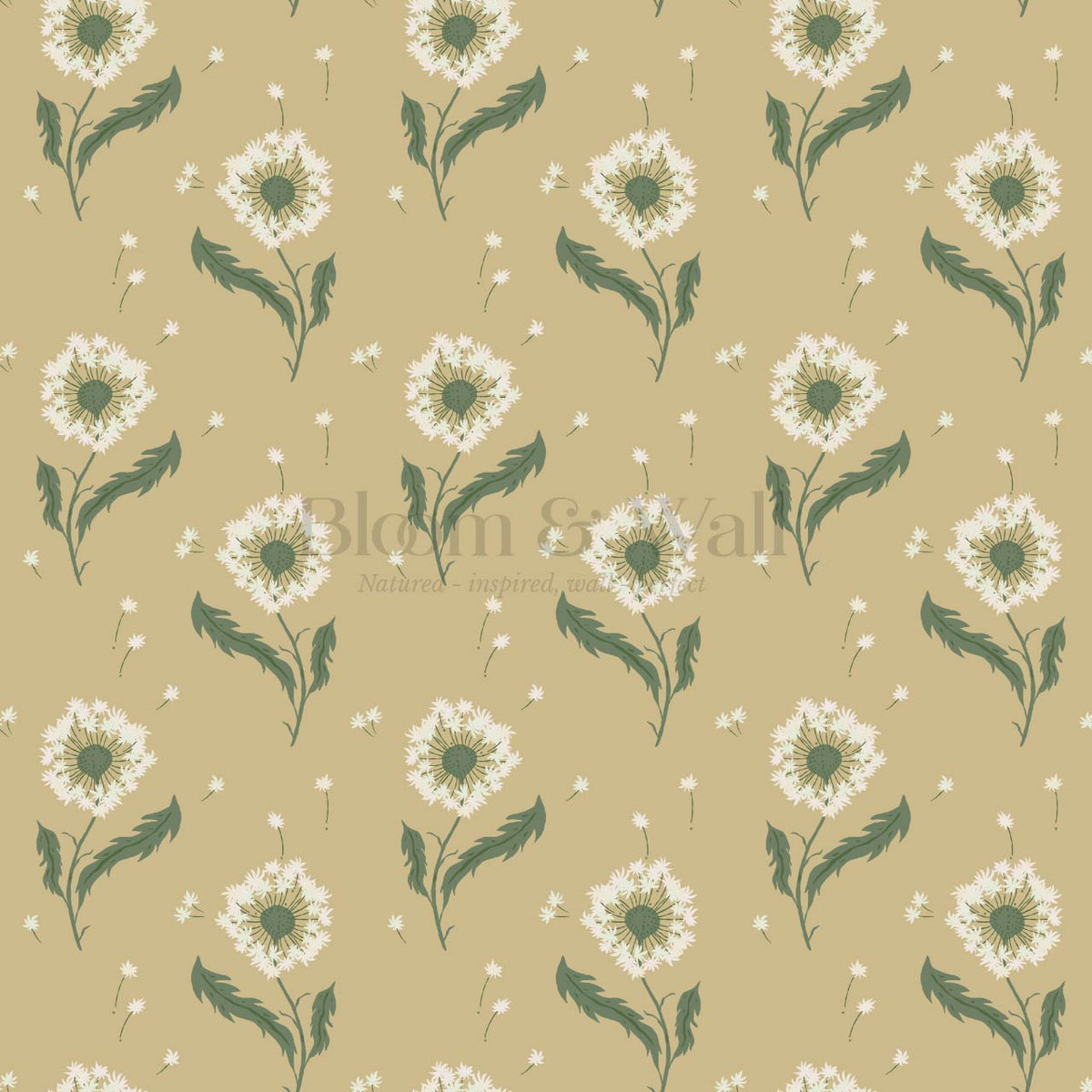 Nicolasa Dandelions Mustard Green Wallpaper