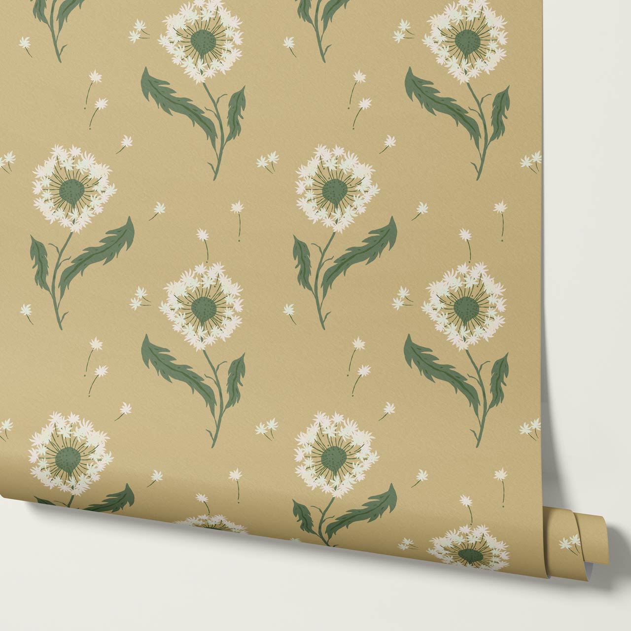Nicolasa Dandelions Mustard Green Wallpaper