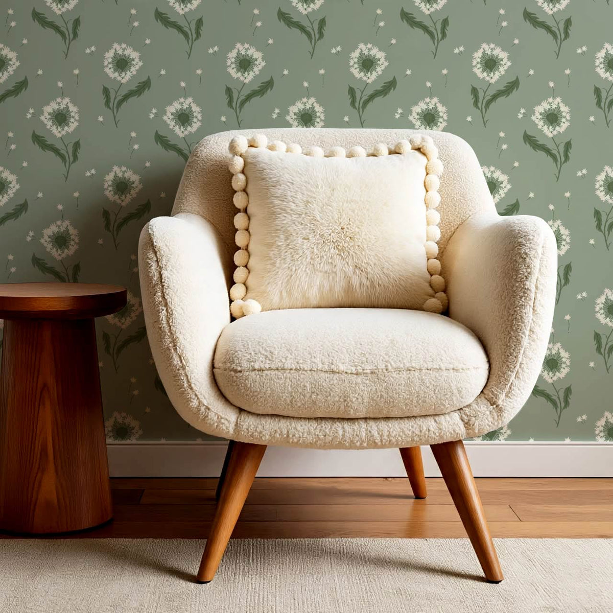 Nicolasa Dandelions Green Cream Wallpaper