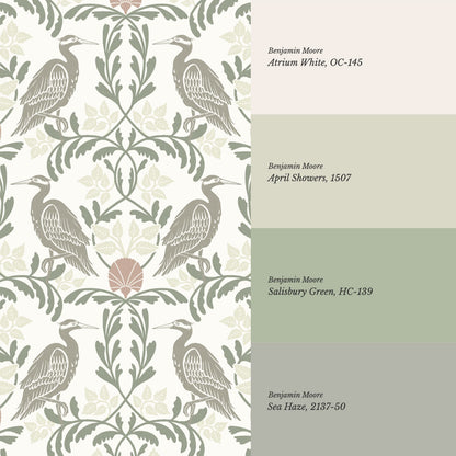 Noa Vintage Art Nouveau Herons Olive Gray Wallpaper