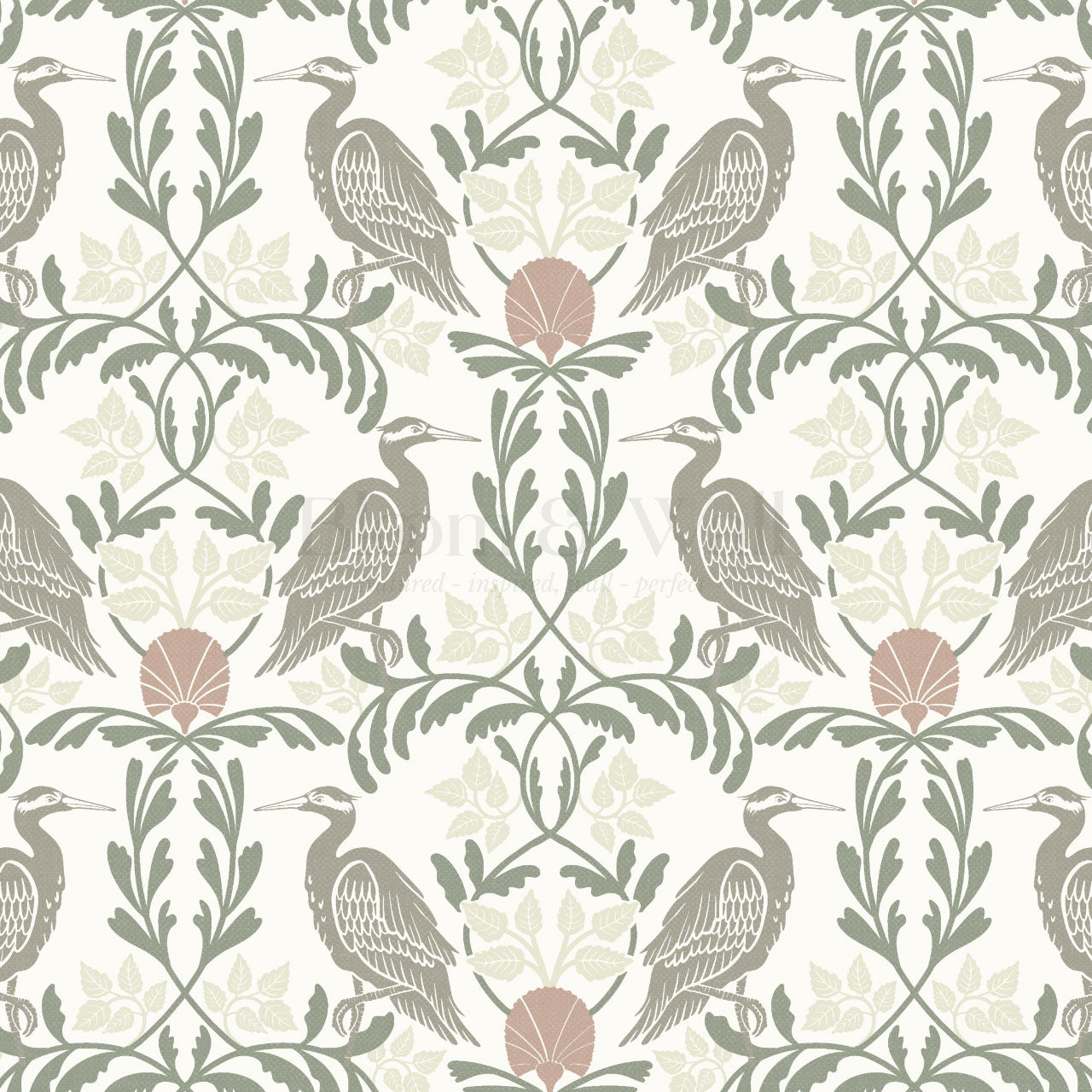 Noa Vintage Art Nouveau Herons Olive Gray Wallpaper