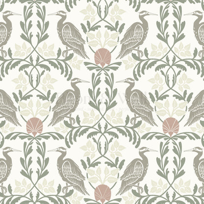 Noa Vintage Art Nouveau Herons Olive Gray Wallpaper