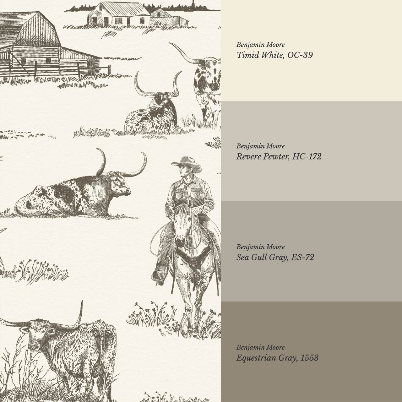 Noemi Western Longhorn Cowboy Charcoal Cream Wallpaper